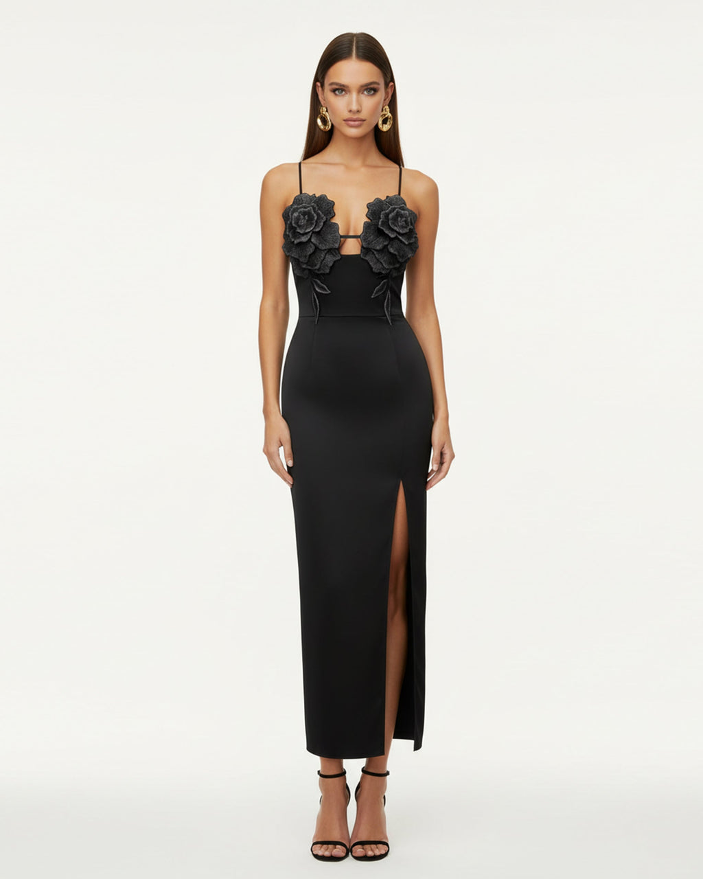 3D Floral Strappy Maxi Dress - Black
